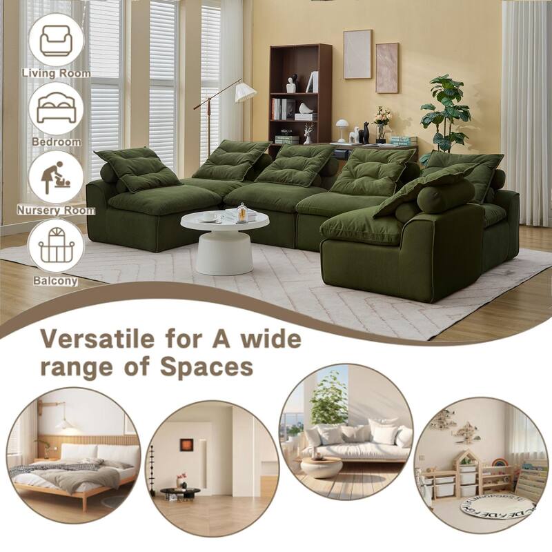 132" Corduroy Modular 6-Seater Sectional Sofa with 12 Pillows (6 Neck + 6 Lumbar), Armless Design and DIY Configuration