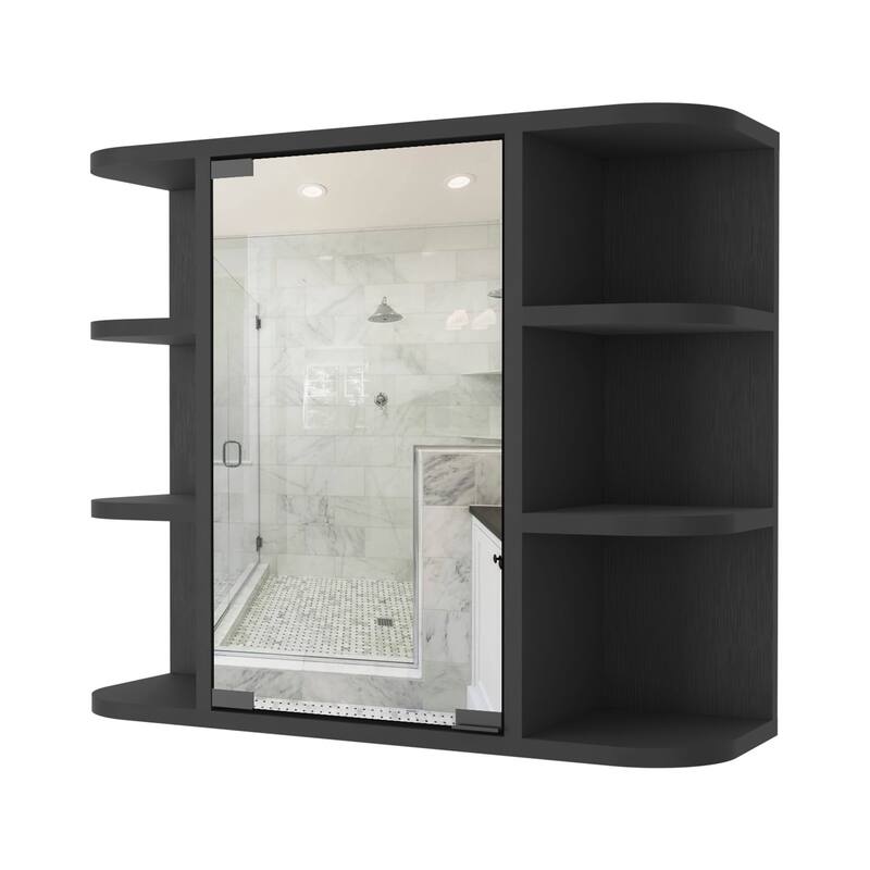 6-Shelf Medicine Cabinet with Mirror Panel Door, 3 Open Shelves on Each Side for Bathroom or Living Room Storage
