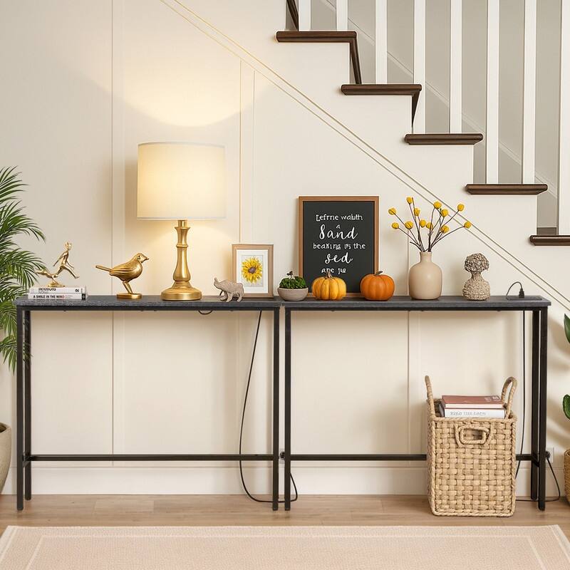 2-piece Set Triamine + Iron 200 * 15 * 79cm with Power Strip Foyer Table - Black