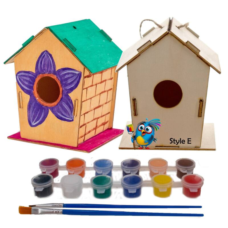 DIY Birdhouse Homemade Wooden - Build Your Own Bird House w/ Easy Painting Kit - Style E