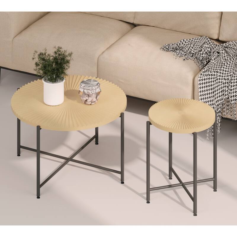 2-Piece Coffee and End Table Set - Waterproof MDF with PVC Cover, Distressed Cylindrical Design