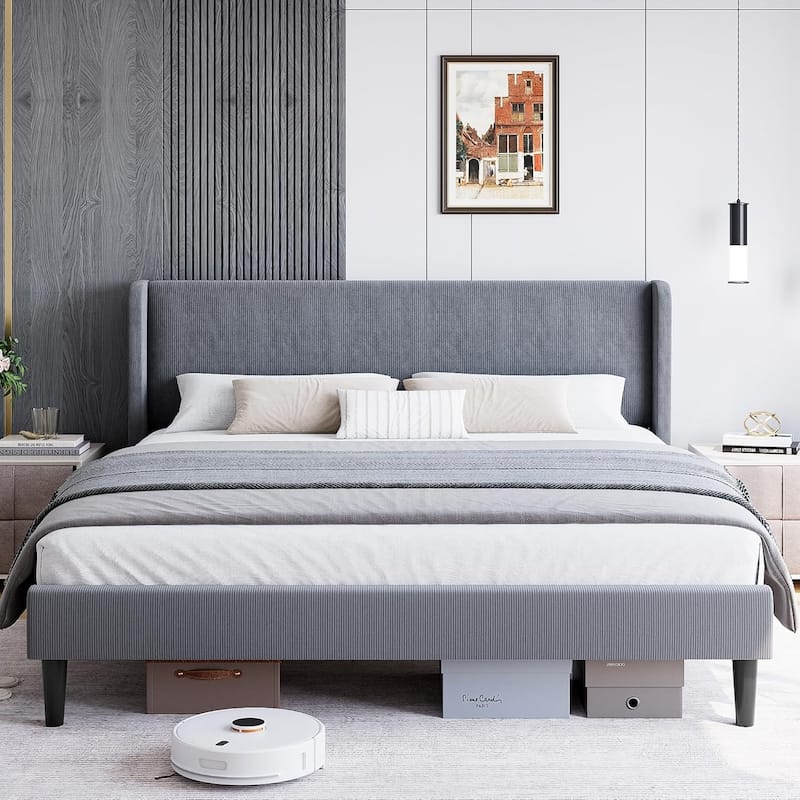 Wooden Bed Frame with Upholstered Headboard - Full - Dark Grey