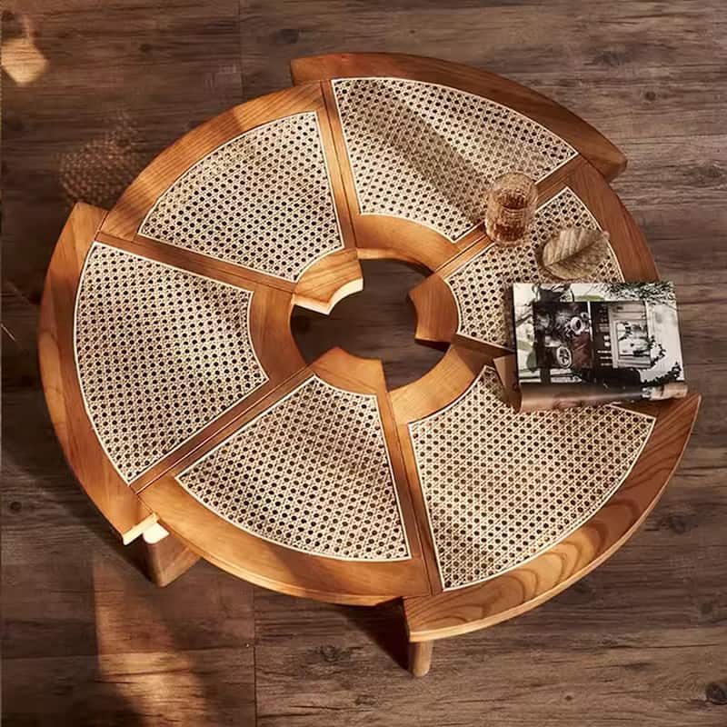 Modern Round Wood Accent Table with Woven Edges - L 39.37'×W 39.37'×H 13.19'