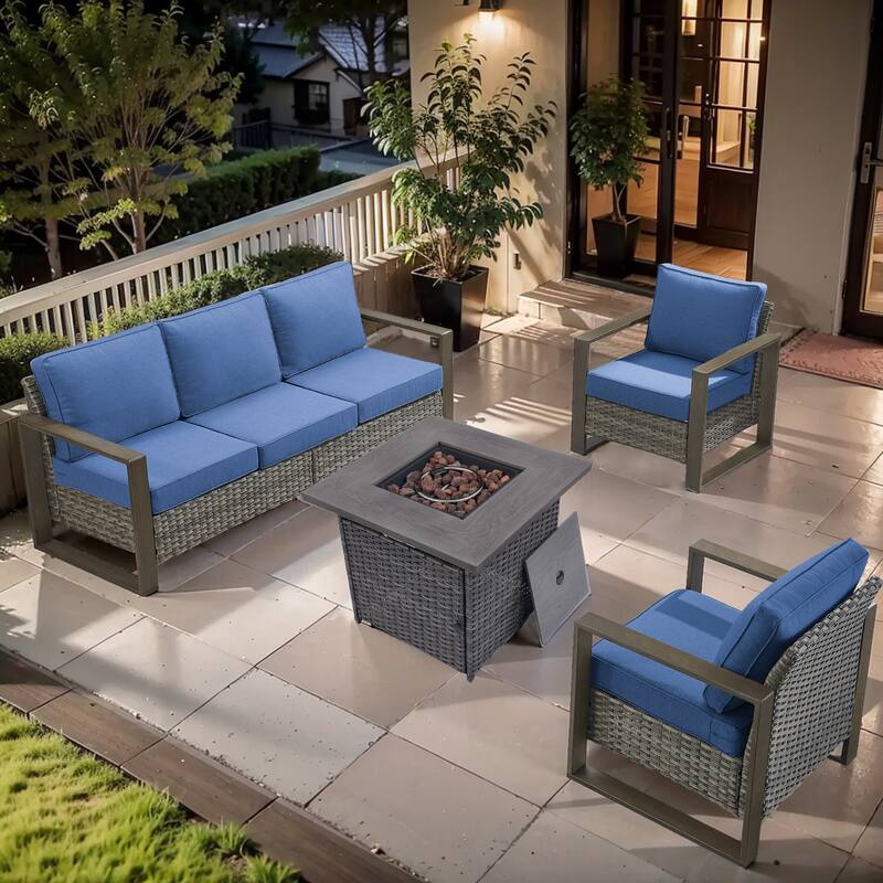 Pocassy Outdoor Fire Pit Conversation Set 3-Seat Sofa Chairs Patio Furniture Set - Grey Wicker Blue Cushion - 4-Piece Sofa Patio Chair with Fire Table