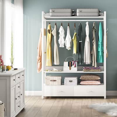 Freestanding Closet Organizer Garment Rack with 2 Drawers and Storage Shelves