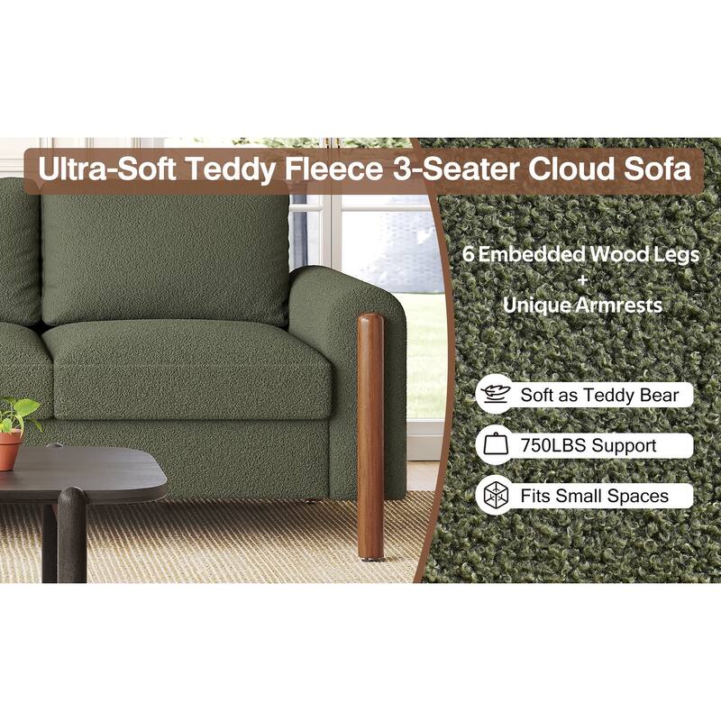 Teddy Velvet Fabric 3 Seater Sofa, Upholstered Sofa with Curved Armrest, Lounge Sofa Chair with Solid Wood Legs