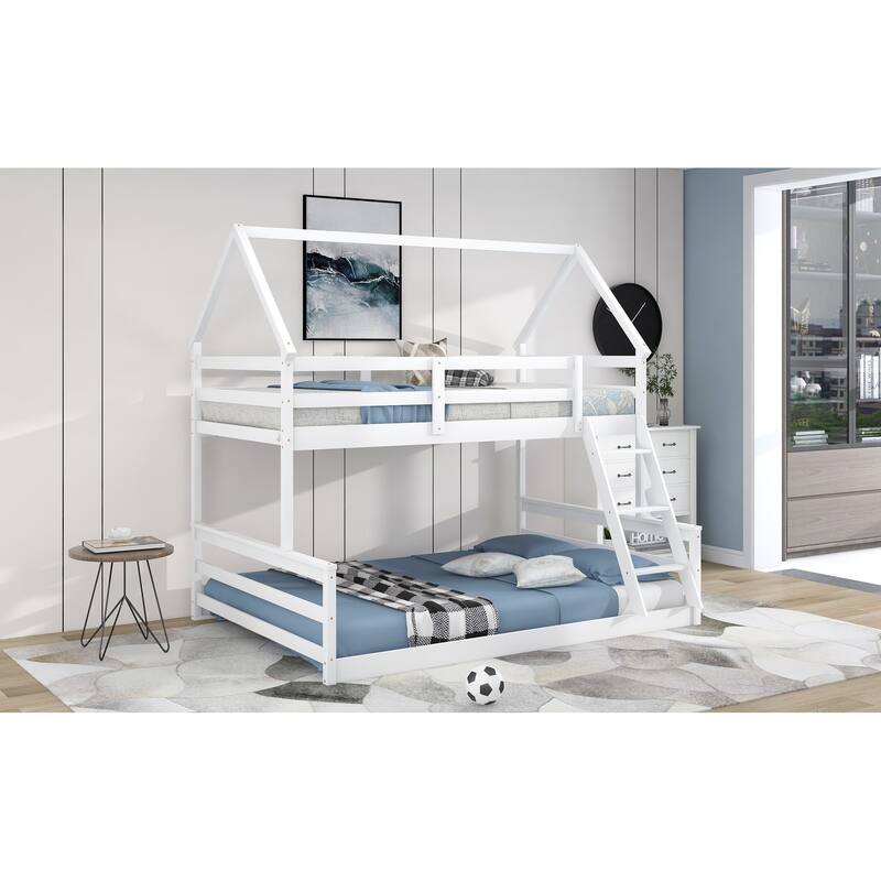 Convertible Twin Over Full Bunk Bed,Built in Ladder,Safety Guardrails