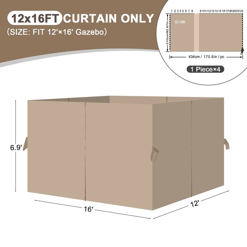 Aoodor 12x16 ft Outdoor Gazebo Curtains, 4 Panels Waterproof Privacy Sidewall Replacement with Zipper