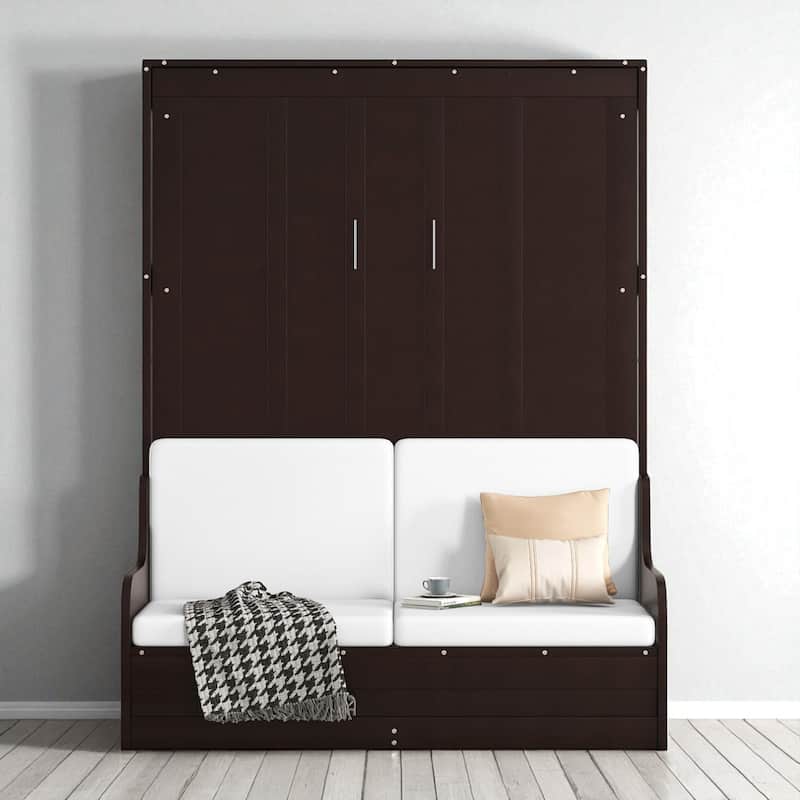 Queen Size Murphy Wall Bed with Folding Cushion Chair, Space-Saving Cabinet Bed for Guest Room or Home Office - Espresso - Queen