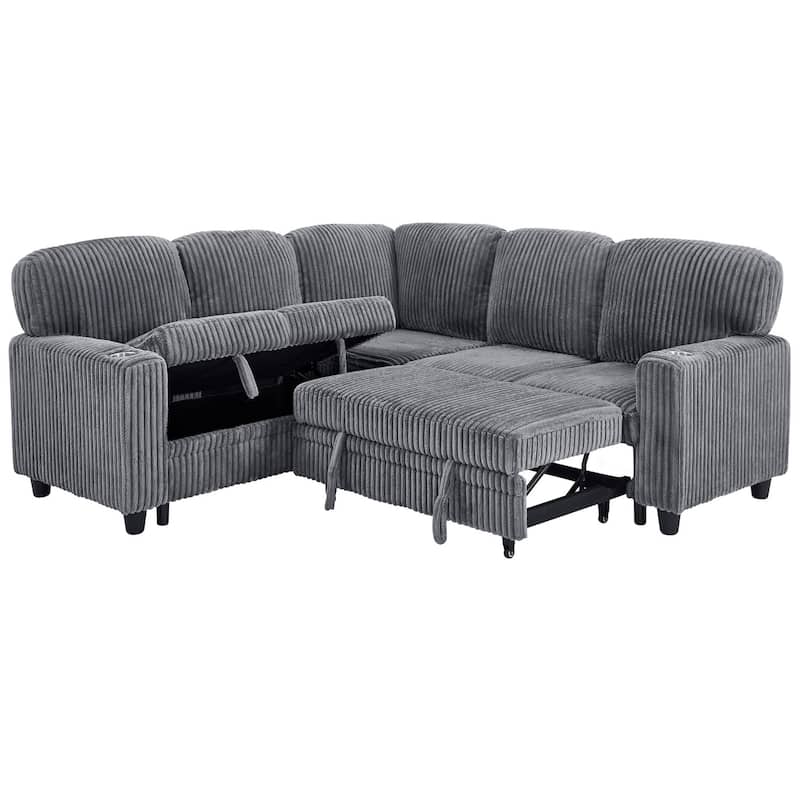81" L-Shaped Corduroy Sectional Sofa with Pull-Out Bed