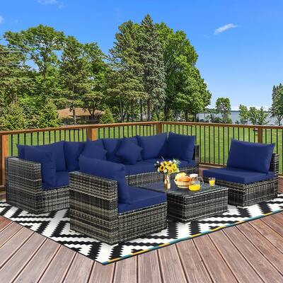 Gymax 7PCS PE Rattan Patio Sectional Sofa Conversation Set w/ Navy - See Details