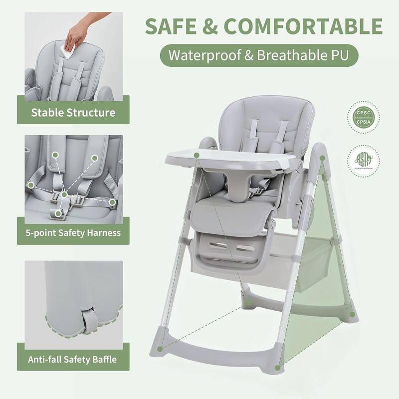 Adjustable Backrest Foldable High Chair for Babies & Toddlers, Light Grey