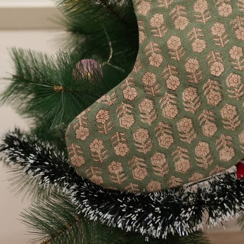 Fabdivine Hand Block Floral Print Christmas Knit Stockings, Home Decorative Gift Use - 16"X6.5" - Tulsi Buti- Green - Christmas Stockings