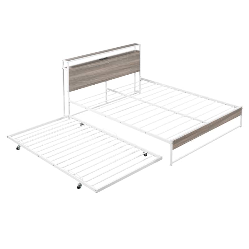 Metal Bed Frame Platform Bed with Storage Headboard, Pull-Out Trundle Bed, USB Ports, Metal Slat Support