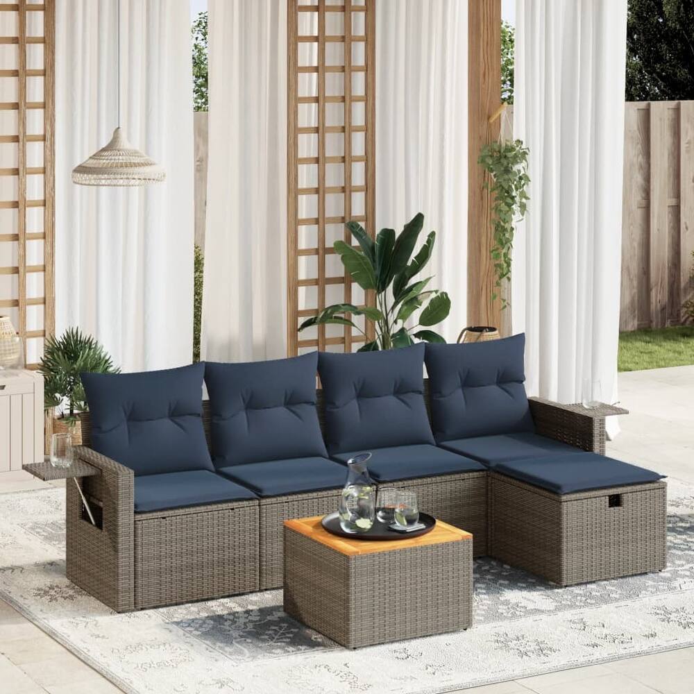 vidaXL Patio Sofa Set with Cushions Outdoor Furniture 6 Piece Poly Rattan - 21.7" x 24.4" x 27.2"