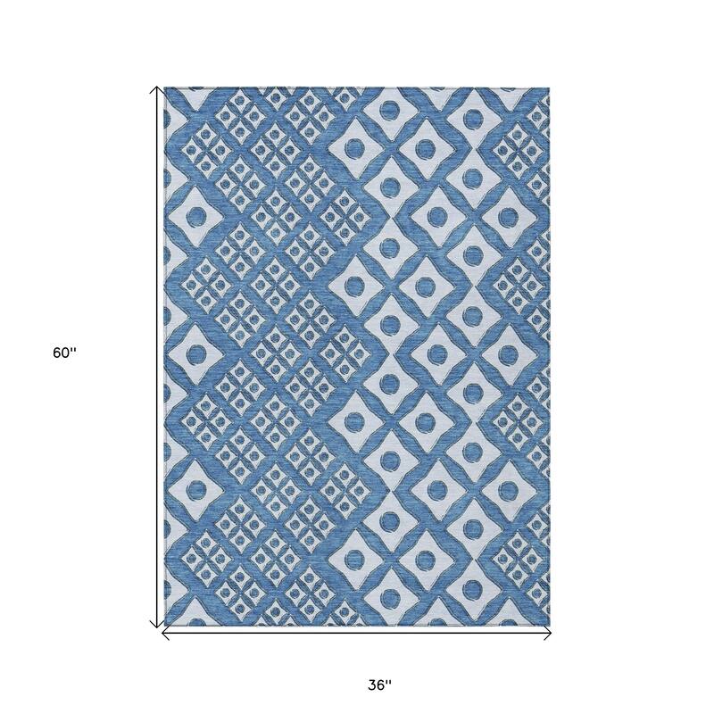 Denim Blue And Light Blue Geometric Washable Indoor Outdoor Area Rug - 3' x 5'