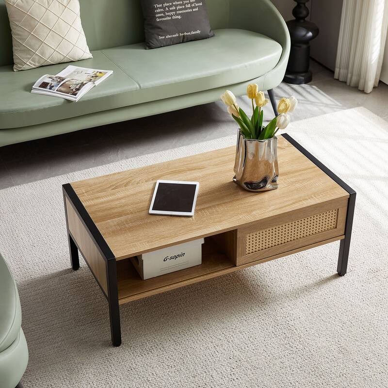 Coffee Table With Open Storage Shelf Hidden Compartment Solid Wooden Leg Support For Living Room, Dining Room, Kitchen