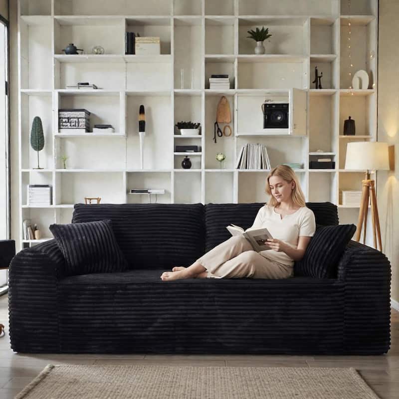 3 Seater Cloud Couch, Corduroy Boneless Sofa in a Box, Deep Seat Floor Sofa with Pillows for Living Room