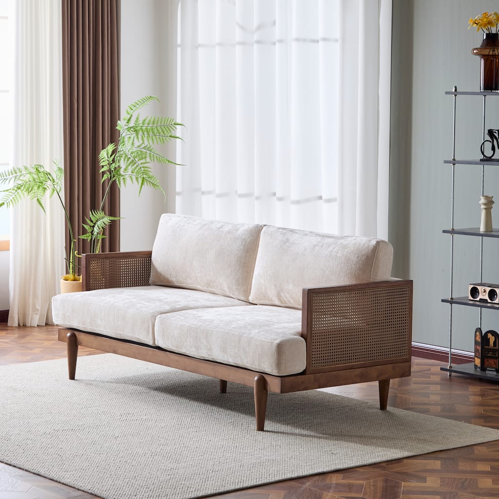 Minimalist Sofa Couch with Rattan Armrests, 3-Seater Sofa Couch Walnut Settee Couch with Wooden Frame