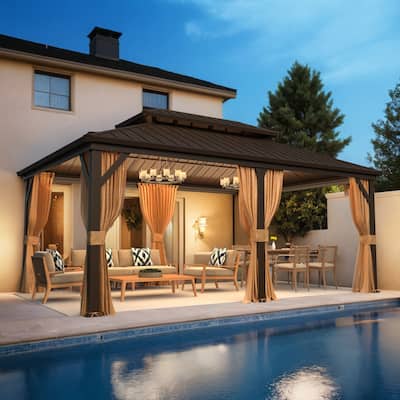 Outdoor Hardtop Gazebo w Curtains & Mesh, Double-Layer Galvanized Steel Roof, 12'x18' Aluminum Frame Outdoor Pergola w 3 Hooks