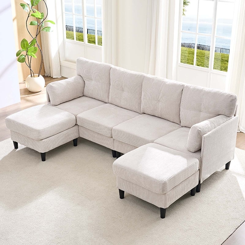 Mixoy Corduroy U-Shape Modular Convertible Sectional Sofa,Upholstered 4-Seater Sofa Couch with Movable Ottoman