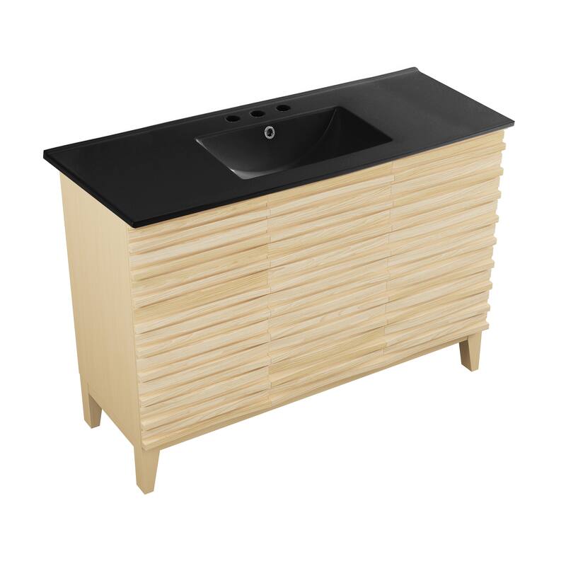 Cascade 48 In. Natural Oak Bathroom Vanity With Black, 3-Hole Ceramic Sink Top