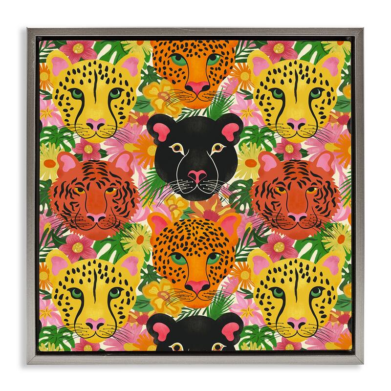 Stupell Jungle Cats Wildlife Pattern Framed Floater Canvas Wall Art Design By Carrie Cantwell - 25 x 25 - Grey