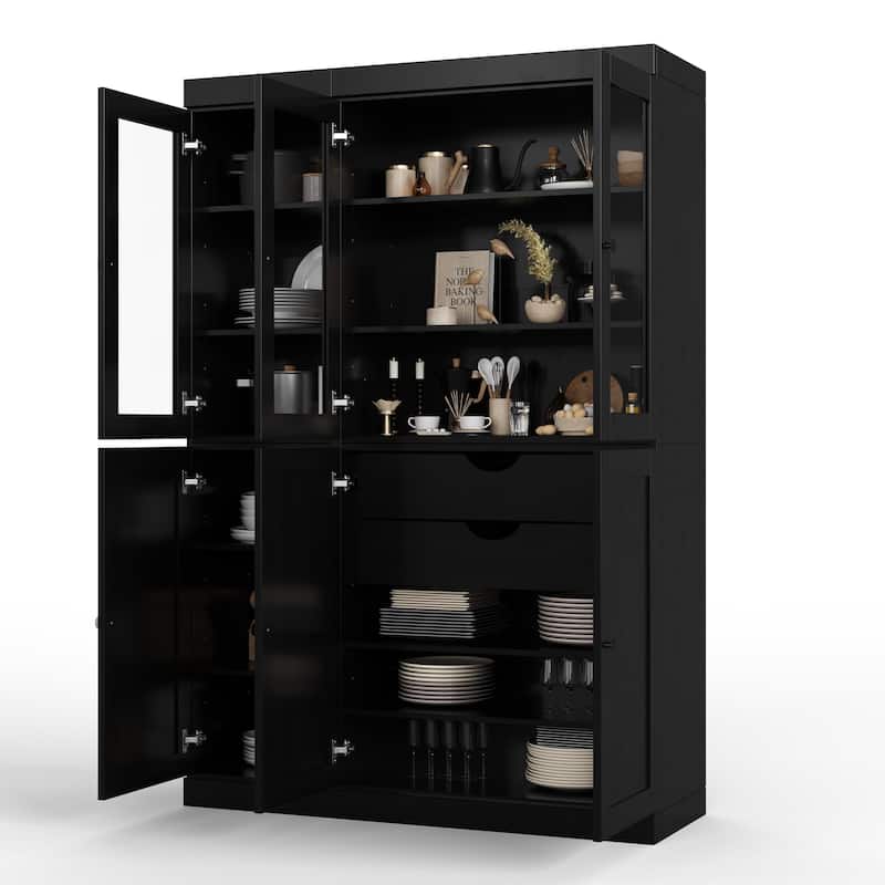 Palace Imports 100% Solid Wood 48.5" Pantry Cabinet with Clear Glass, Shaker Doors, 2-Drawers and Adjustable Shelves - Black