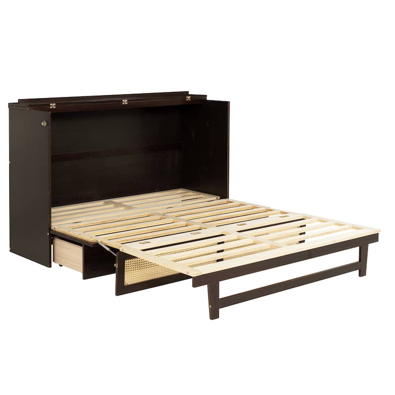 Murphy Bed, Pine Wood Cabinet Bed with Rattan Decoration and Storage Drawer