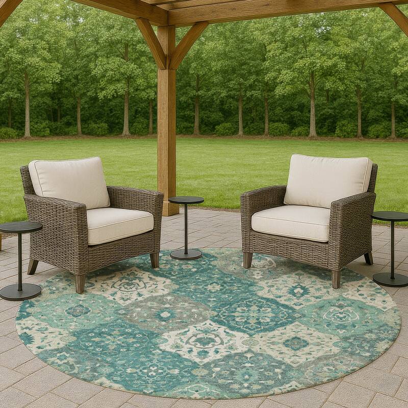 Machine Washable Indoor/ Outdoor Traditional Panel Chantille Rug - Teal - 8' x 8'