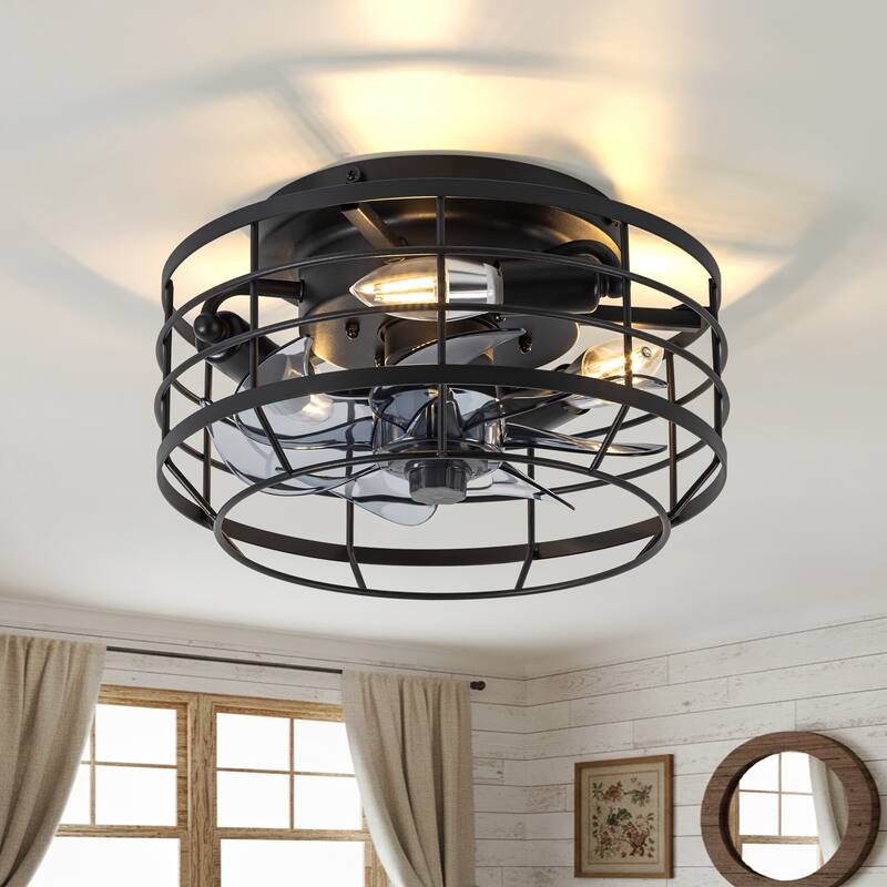 12" Low Profile Enclosed Cage Ceiling Fan with Light and Remote - Matte Black