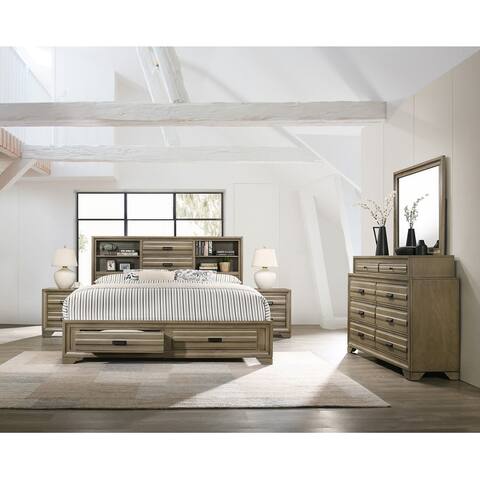 Roundhill Furniture Loiret Rubbed Gray Oak Finish Wood Storage Platform Bedroom Set with Dresser, Mirror, Two Nightstands