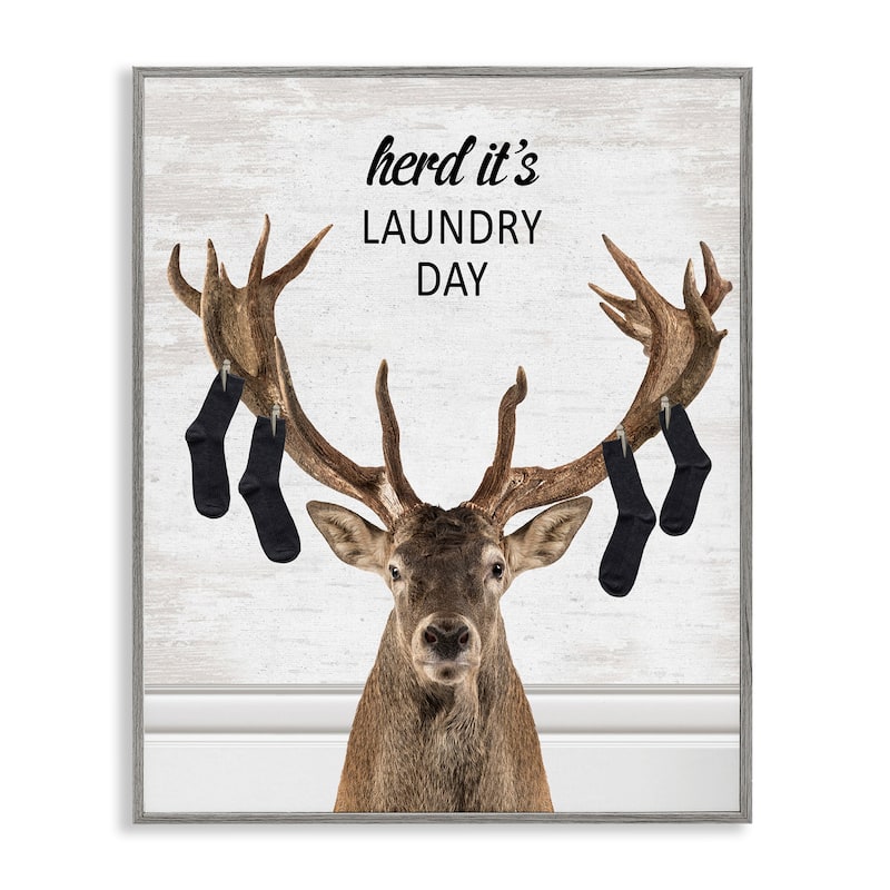 Stupell Laundry Elk with Hanging Socks Framed Giclee Art Design By Lettered and Lined - 24 x 30 - Grey