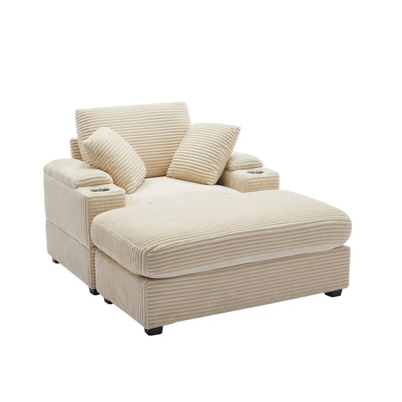 Corduroy Upholstered Chaise Lounge with Movable Ottoman, Living Room Storage Sofa Chair with Cup Holder, Detachable Cushions