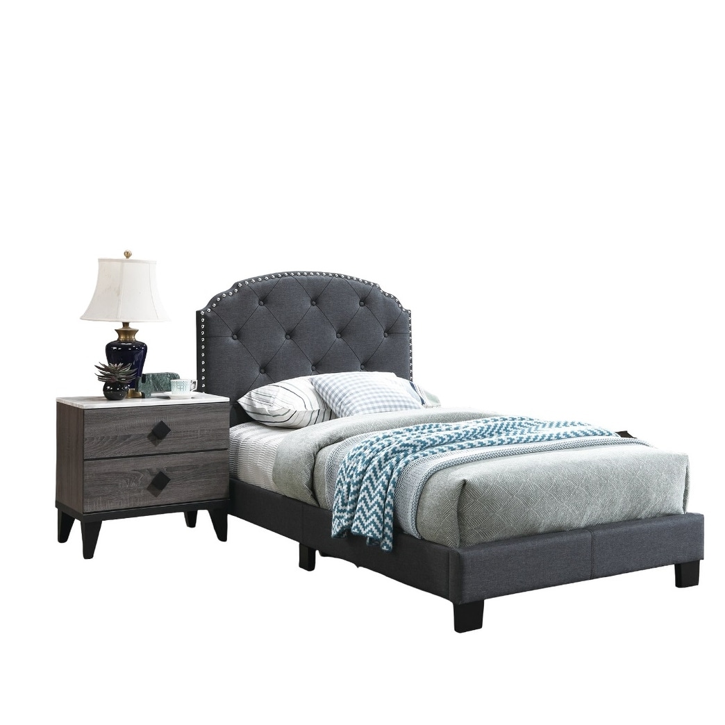 Full Size Bed Nailhead Trim Button Tufted Burlap Fabric Charcoal Finish