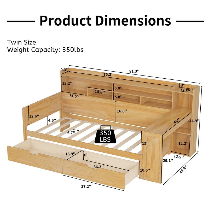 Twin Size Wooden Daybed Platform Bed with Recessed Desk Storage Shelves and 2 Drawers Under Bed for Compact Spaces, Bedroom