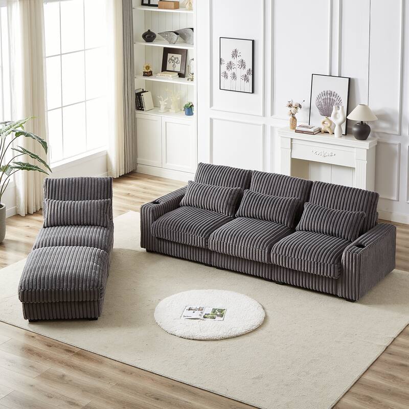 Roomfitters 126" Corduroy Modular Sectional Sofa, Convertible 3-4 Seater Couch with Cup Holders, Ottoman, Pillows & USB Ports