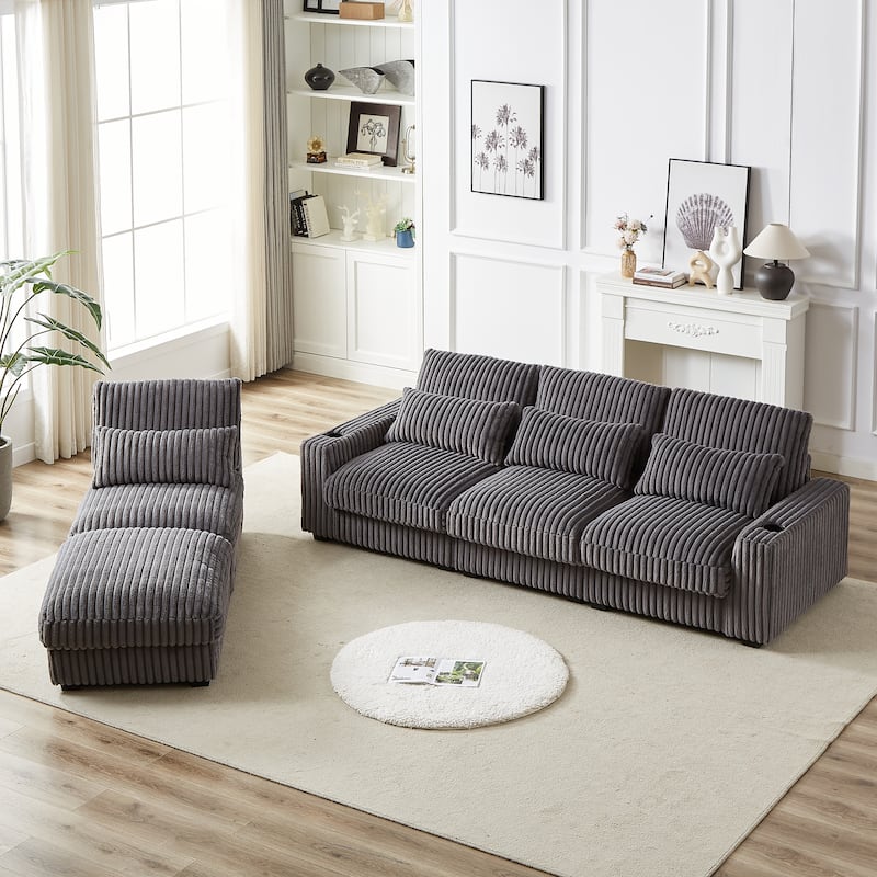 Super Large 126-Inch Corduroy L-Shaped Sofa with Cup Holders, USB Port, Movable Footrest, and 8 Cushions.