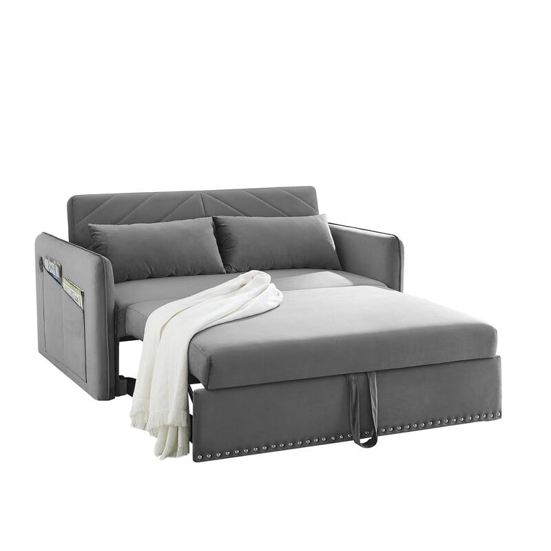 Pull-out sofa sleeper, 3-in-1 adjustable sleeper with pull-out bed, 2 lumbar pillows and side pocket