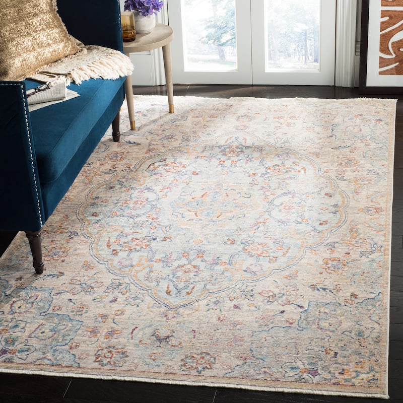 SAFAVIEH Illusion Tricia Vintage Boho Oriental Viscose Medallion Rug - 4' Square - Light Blue/Cream