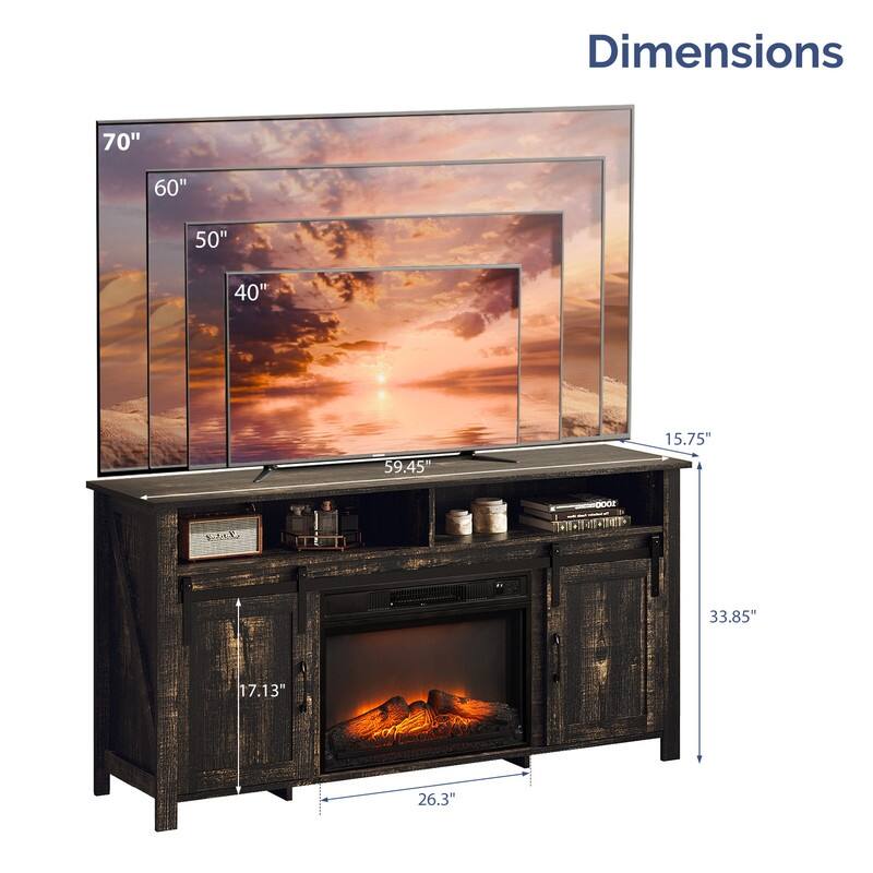 Farmhouse 59.5'' TV Stand For Tvs Up To 70'' With Electric Fireplace and Adjustable Shelves