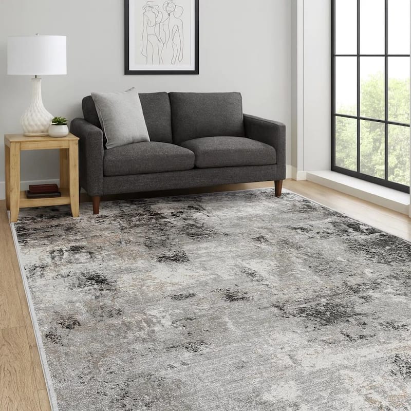 Ley 5 x 7 Area Rug, Abstract Pattern, Polyester, Jute, Black Gray White - 5 x 7