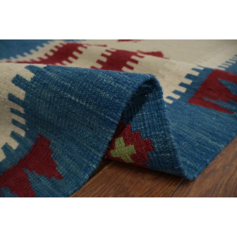 Hand Woven Oriental 100% Wool Carpet Southwestern Tribal Navy Blue & Blues Kilim Area Rug - 9' 11'' X 10' 0''