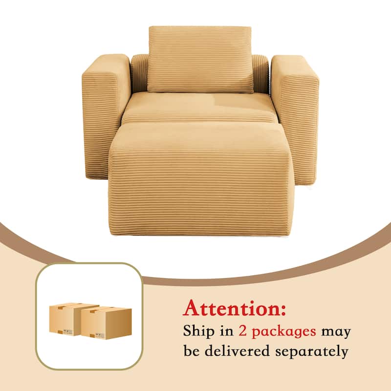 Corduroy Sectional Modular Sofa with Square Arms & Ottoman Extension for Flexible Arrangements