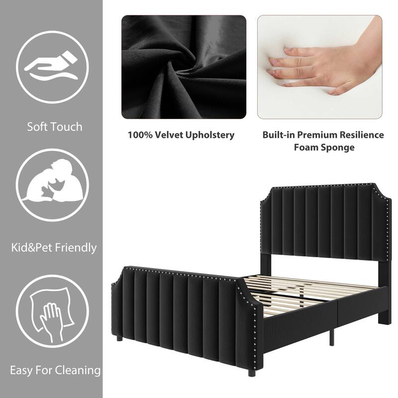 Velvet Upholstered Bed Frame with Headboard and Footboard