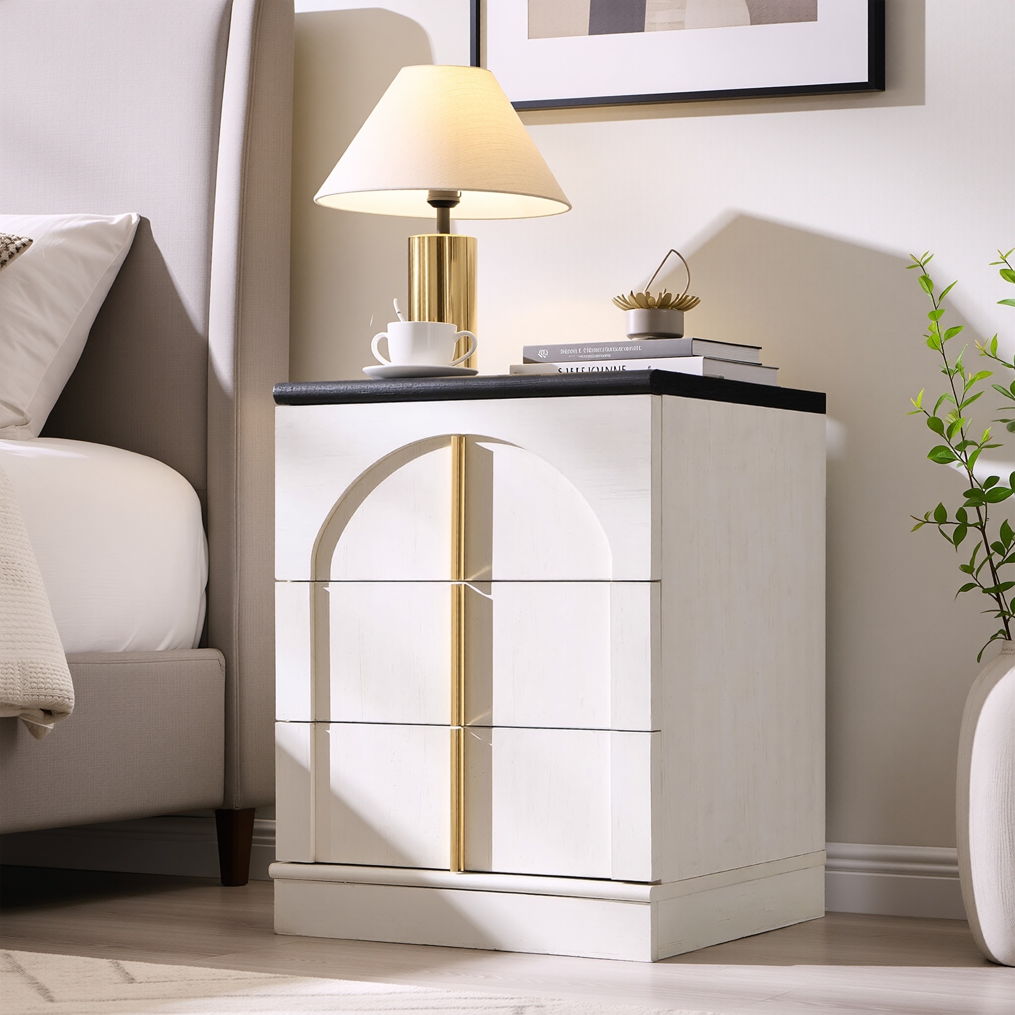 Modern Arched 3 Drawers Nightstand with Charging Station, Side Table