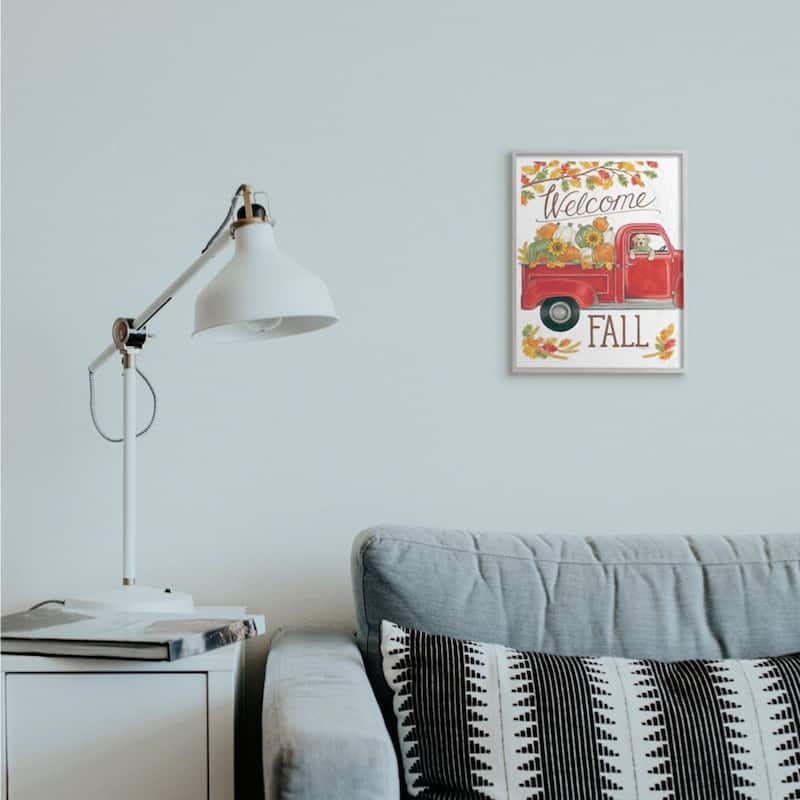 Stupell Welcome Fall Phrase Autumn Red Truck Dog Framed Wall Art