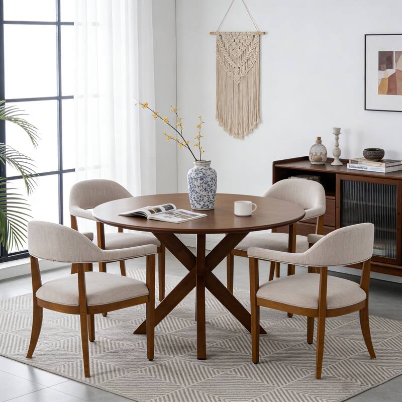 Christopher Knight Home - Upholstered Dining Arm Chair Set with High-Density Foam Padded Cushion & Curved Backrest - 23.62"W - Set of 4 - Beige,Walnut