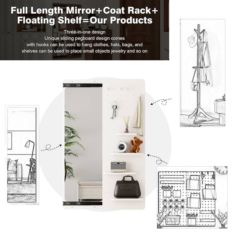 Wall Mounted Full Length Mirror with Shelf and Hook Wall Mounted Mirror with Multifunctional Design Panel(47.6*15.7in)