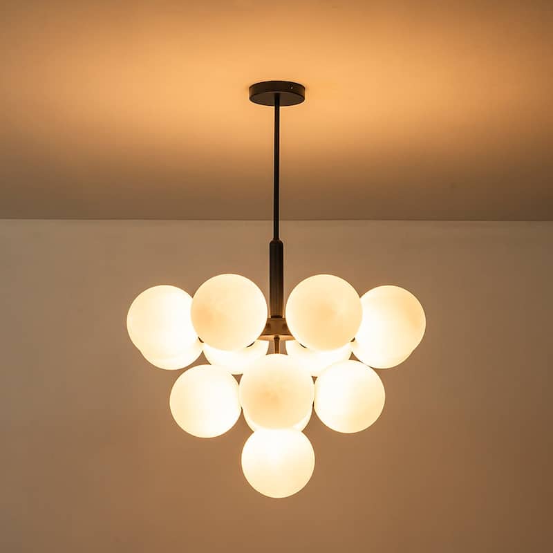 Mid-Century Brass Tiered Frosted Glass Globe Bubble Chandelier